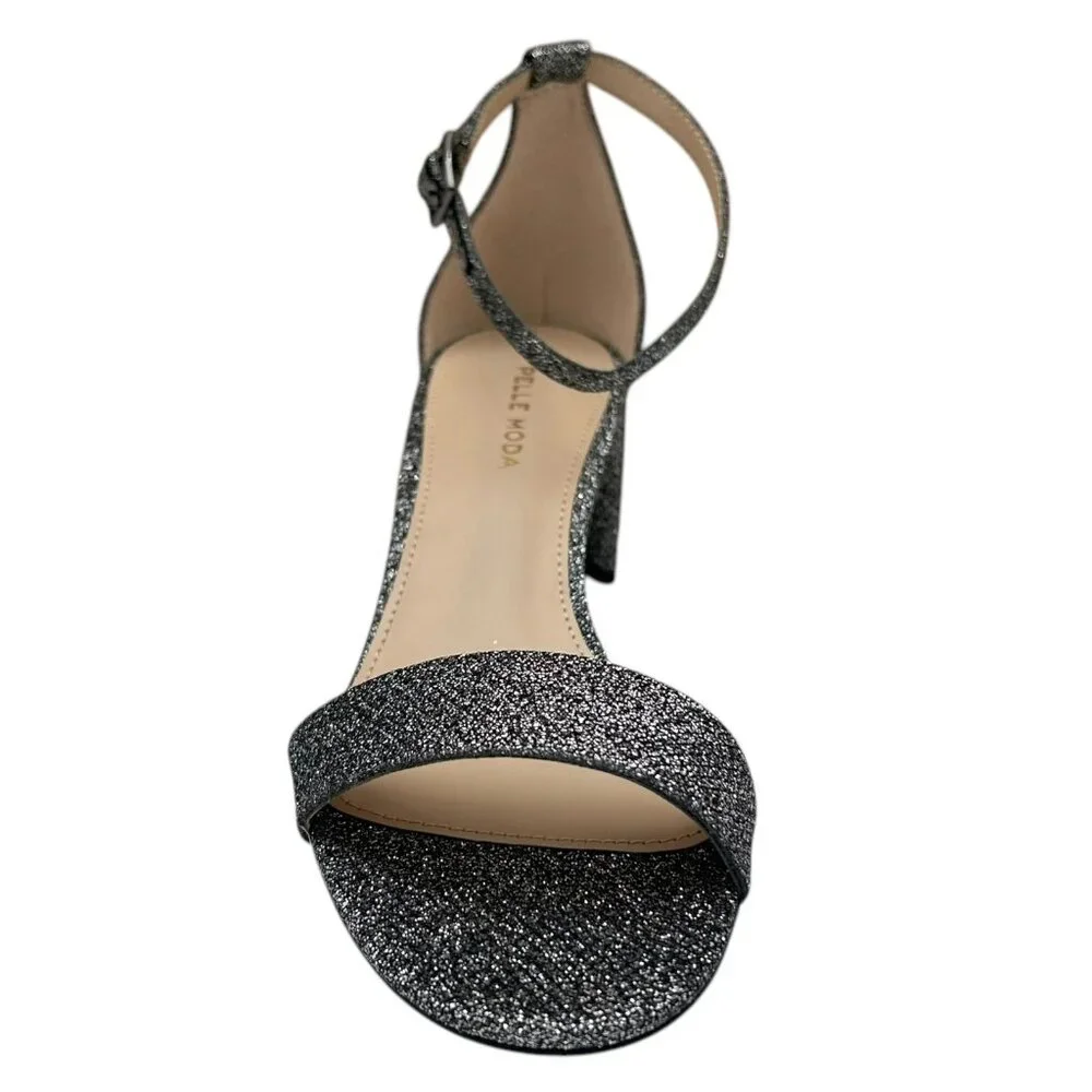 Pelle Moda Womens Monroe Sandal 8 Metallic Black Finished Block Heel Ankle Strap